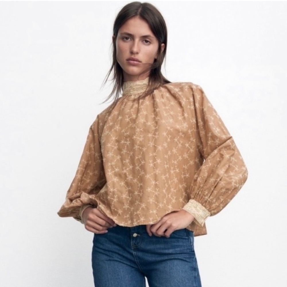 NEW Zara Beige Peasant Blouse with Balloon Sleeve Embroidered High Neck Blouse - Picture 2 of 8